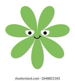 Geometric flower character with lively expression and retro style. Bold lines and happy cartoon elements.