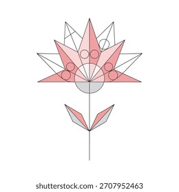 Ein geometrisches Blumendesign mit rosafarbenen Blütenblättern, Kreisen und linearen Details, das eine moderne und abstrakte Blumengrafik schafft.
