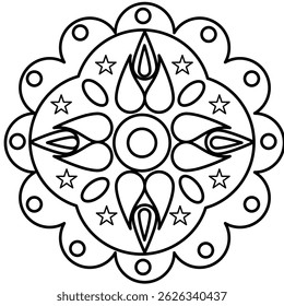 Geometric Flower Design Graphic Black Outlines With Hand coloring
