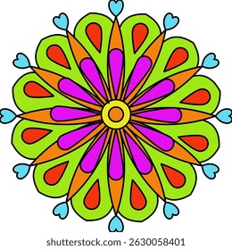 Geometric Flower Design Graphic Black Outlines With Hand coloring