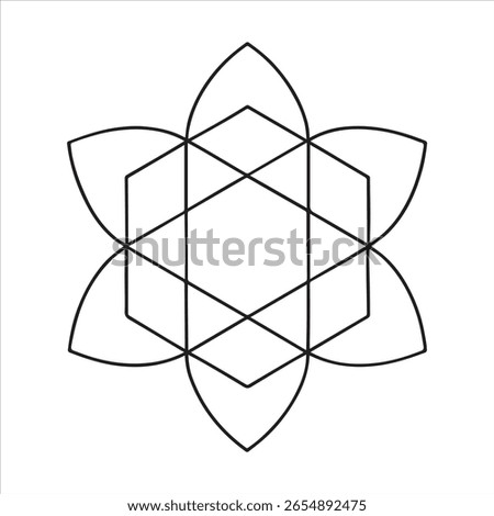 A geometric flower design with a hexagon and triangles on white.
