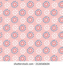 geometric flower floral seamless pattern white with blue flower on pink background,Abstract vector seamless pattern with flowers, leaves and swirls. Rainbow colored print.linen textured flower pattern