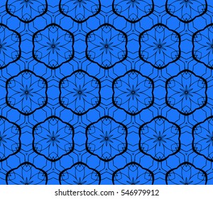 geometric flower. floral seamless pattern. vector illustration. for interior design, invitation, wallpaper, textile. blue, black color