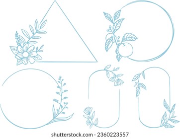 geometric flower frame design. floral wreaths vector. line art style. simple flower vector. simple flora. simple leaves boarder. leaves vector. leaves boarder. circle frame. wedding card frame.
