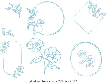 geometric flower frame design. floral wreaths vector. line art style. simple flower vector. simple flora. simple leaves boarder. leaves vector. leaves boarder. circle frame. wedding card frame.