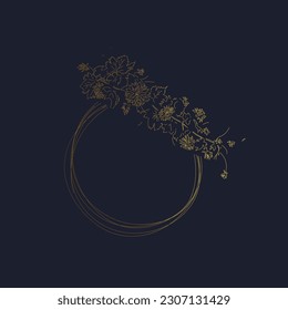 geometric flower frame round borders decorated with hand-drawn delicate flowers. Trendy line drawing, lineart style
