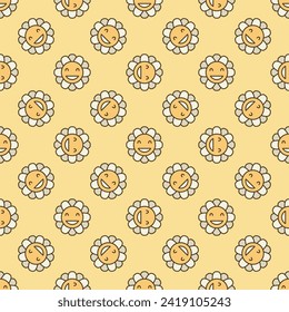 Geometric Flower in Groovy 70s style vector concept colored seamless pattern