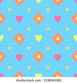 Geometric flower, hearts on blue colorful background. Design template. Simple modern graphic. Spring or summer decoration. Seamless vector pattern. Easter wrapping.