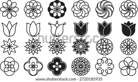 Geometric Flower Icon Set Floral Mandala Line Art Minimal Bloom Symbol Collection