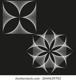Geometric flower icon. Star petal figure. Abstract symmetry shape. Vector black background.
