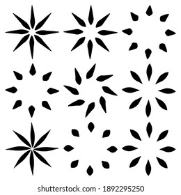 Juego de iconos de flor geométrica o hoja. Patrón floral concéntrico simple y abstracto negro. Elemento de diseño de vectores aislado en fondo blanco.