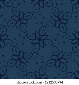 Geometric Flower Motif Faded Denim Style Seamless Vector Pattern. Hand Drawn Indigo Blue Boho Floral Texture for Trendy Textile Prints, Classic Japan Decor, Asian Backdrop or Kimono Fashion Fabric.