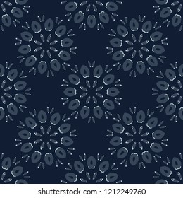 Geometric Flower Motif Japanese Style Seamless Vector Pattern. Hand Drawn Indigo Blue Dye Floral Texture for Elegant Textile Prints, Japan Decor, Asian Backdrop or Oriental Kimono Fashion Fabrics.