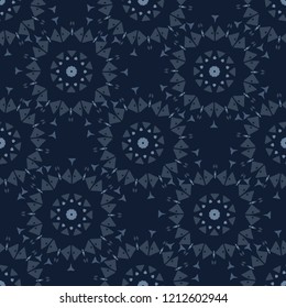 Geometric Flower Motif Japanese Style Seamless Vector Pattern. Hand Drawn Indigo Blue Dye Floral Texture for Elegant Textile Prints, Japan Decor, Asian Backdrop or Oriental Kimono Fashion Fabrics.