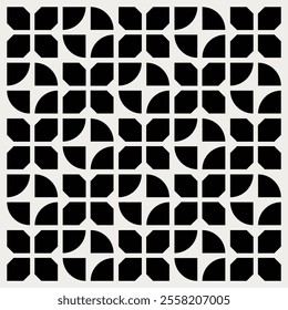 Geometric flower pattern in black and white shades inspired by the Midcentury modern design style. Graphical illustration for a unique wall decor, textiles and interior design.