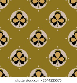 Geometric flower pattern in black and yellow on olive color background. Abstract floral seamless. Concept of circle, ethnic, motifs, vintage, simple for cloth texture, textiles, wrapping, paper print.