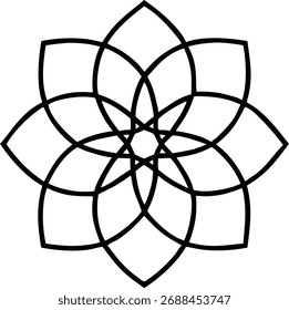 Un patrón de flores geométricas con ocho pétalos, creado con líneas curvas. El diseño es simétrico y abstracto, por lo que es adecuado para diversos fines decorativos.