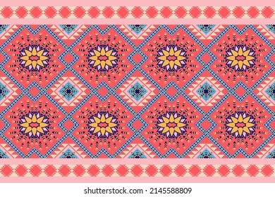 Geometric Flower Pattern. Sweet Floral Design In Pink And Blue. Oriental, Asian, Tribal, Ethnic, Native, Persian, Mediterranean, East Meets West, Vector, Eps, Illustration, Shapes, Nature, Embroidery.