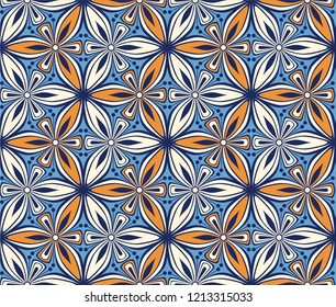 geometric flower pattern vector illustration. mandala tile ornament. blue and ocher graphic floral oriental seamless pattern. flower of life background foliage fabric, wallpaper design, arabesque 