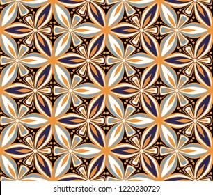 geometric flower pattern vector illustration. mandala tile ornament. blue and ocher graphic floral oriental seamless pattern. flower of life background foliage fabric, wallpaper design, arabesque 