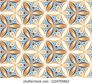 geometric flower pattern vector illustration. mandala tile ornament. blue and ocher graphic floral oriental seamless pattern. flower of life background foliage fabric, wallpaper design, arabesque 