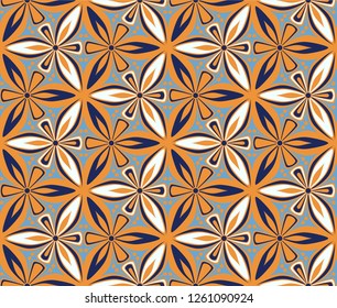geometric flower pattern vector illustration. mandala tile ornament. blue and ocher graphic floral oriental seamless pattern. flower of life background foliage fabric, wallpaper design, arabesque 