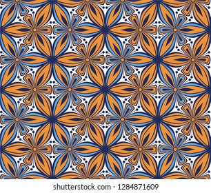 geometric flower pattern vector illustration. mandala tile ornament. blue and ocher graphic floral oriental seamless pattern. flower of life background foliage fabric, wallpaper design, arabesque 