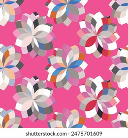 Geometric flower pattern with vibrant colors on pink background, creating Abstract Artistic Contemporary lively design