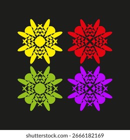 Patrones de flores geométricas. Adorno abstracto colorido. Ilustración vectorial simétrica. Gráfico de fondo negro. EPS 10.