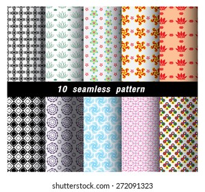 Geometric and flower  Patterns. Retro Mod Backgrounds in Chevron,Checkerboard, Stars, Triangles, Herringbone and Stripes Patterns. Pattern Swatches with Global Colors
