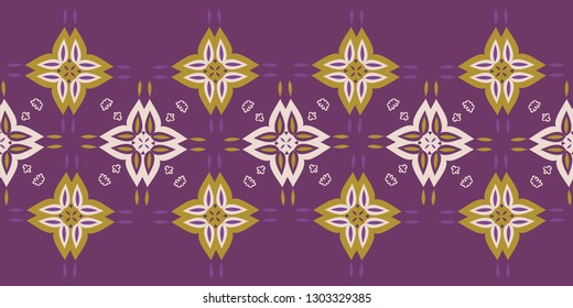 Geometric flower quilt grid border. Seamless repeating. Hand drawn vector illustration. 4 Petal abstract floral lineart. Decorative mustard yellow purple banner ribbon. Summer fashion trim home decor.