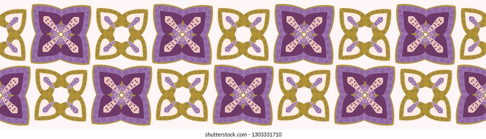 Geometric flower quilt grid border. Seamless repeating. Hand drawn vector illustration.4 Petal abstract floral trim in decorative mustard yellow purple banner ribbon. Summer fashion, home decor.