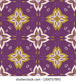 Geometric flower quilt grid pattern. Seamless repeating. Hand drawn vector illustration. 4 Petal abstract floral lineart in decorative mustard yellow purple background. Summer fashion, home decor.