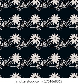 Geometric flower seamless pattern in line art style on black background. Doodle floral wallpaper. Decorative backdrop for fabric design, textile print, wrapping, cover. Vector illustration