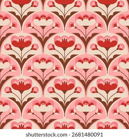 Geometric flower seamless pattern. Retro static design, flat simple decor, blooming plants, repeated floral elements. Decor textile, wrapping paper, wallpaper. Print for fabric tidy vector background