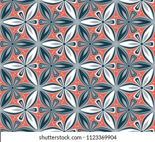 geometric flower seamless pattern vector illustration. mandala ornament. blue and red graphic floral line oriental arabesque pattern. flower of life background for fabric, wallpaper design