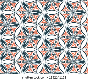 geometric flower seamless pattern vector illustration. mandala ornament. blue and red graphic floral line oriental arabesque pattern. flower of life background for fabric, wallpaper design