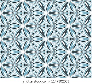 geometric flower seamless pattern vector illustration. mandala ornament. blue graphic floral line oriental arabesque pattern. flower of life background for fabric, wallpaper design