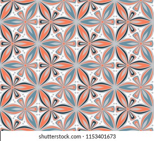 geometric flower seamless pattern vector illustration. mandala ornament. blue and red graphic floral line oriental arabesque pattern. flower of life background for fabric, wallpaper design