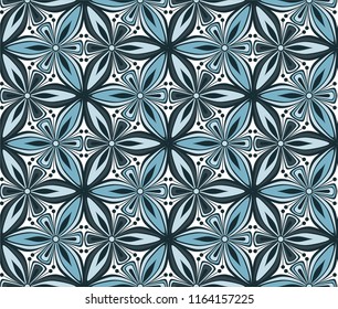 geometric flower seamless pattern vector illustration. mandala ornament. blue graphic floral line oriental arabesque pattern. flower of life background for fabric, wallpaper design