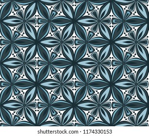 geometric flower seamless pattern vector illustration. christmas wrapping paper design, mandala ornament. blue graphic floral line oriental arabesque pattern. flower of life background