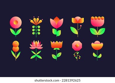 Geometric flower set. Abstract gradient floral elements bold simple geometry shapes. Vector spring botanical collection