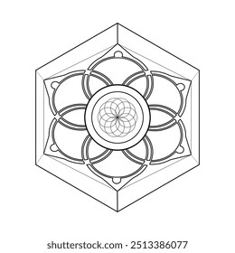 Geometrische Blütenform mit einem Seed of Life-Symbol innerhalb eines sechseckigen Rahmens. Perfekt für spirituelle Kunst, Meditation oder Designprojekte.