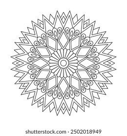 Geometric flower shape mandala design coloring book page for kids