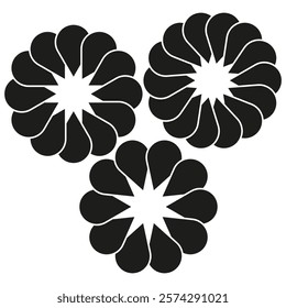 Geometric flower shapes. Decorative petal pattern. Abstract floral elements. Black star accents.