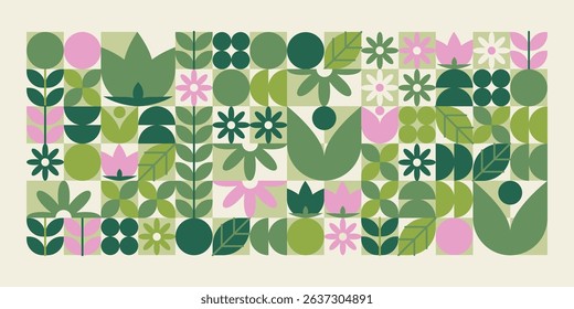Geometric flower shapes pattern - simple flat organic leaves, petals and blossoms in light green and pink shades. Modern minimal floral elements background design for spring or garden design.