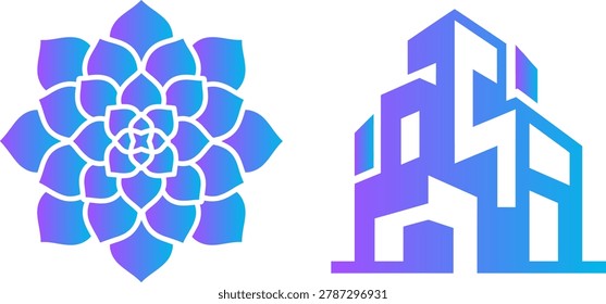 Geometric flower, succulent, modern building, architecture, growth, development, city, nature, structure.