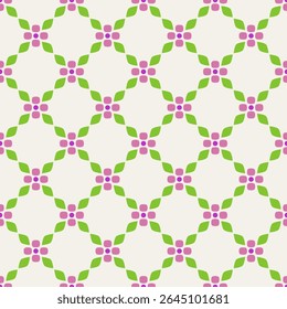 Geometric Flower Tile Pattern in Pink Green Ornament on Beige. Symmetric clean and joyful aesthetic suitable for wallpaper, gift wrap, digital backgrounds, fabrics, textiles, blooming, cute botany