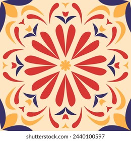 Azulejo de flores geométricas en colores cálidos. Una flor colorida con pétalos rojos, azules y amarillos. Las baldosas de cerámica de estilo boho presentan motivos florales y de hojas sencillos. Mosaico floral de México. Patrón español.