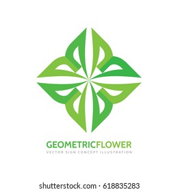 Geometric flower - vector logo template concept illustration. Green leaves creative sign.  Organic product symbol. Abstract cross icon. Design element.